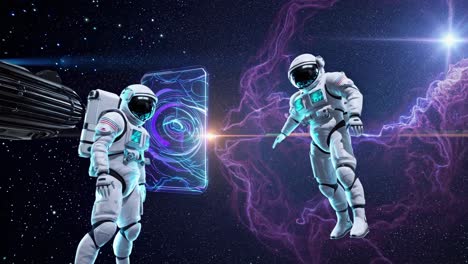astronauts interact with a holographic interface in space