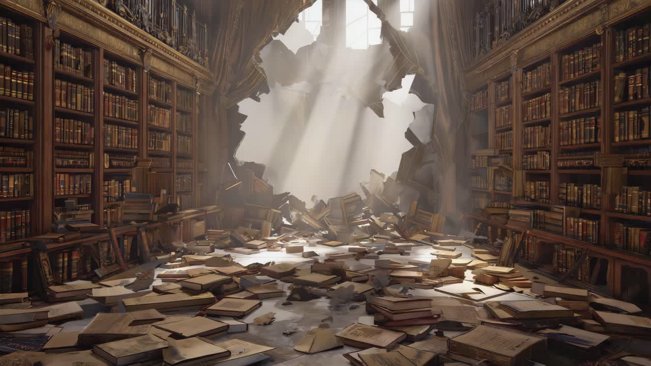 Destroyed Library with Sunlight Beams