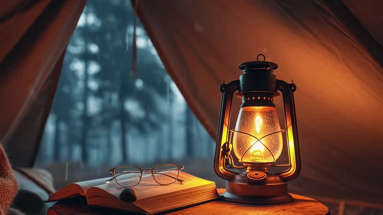 Scena accogliente in tenda con una lanterna, un libro e occhiali