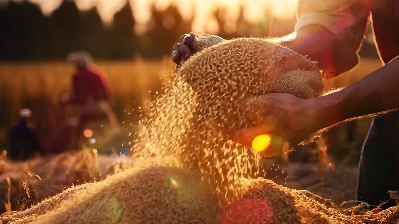 A man is holding a sack of grain and pouring it into a pile. The scene is set in a field, and the man is working on harvesting the grain