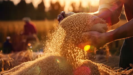 A man is holding a sack of grain and pouring it into a pile. The scene is set in a field, and the man is working on harvesting the grain