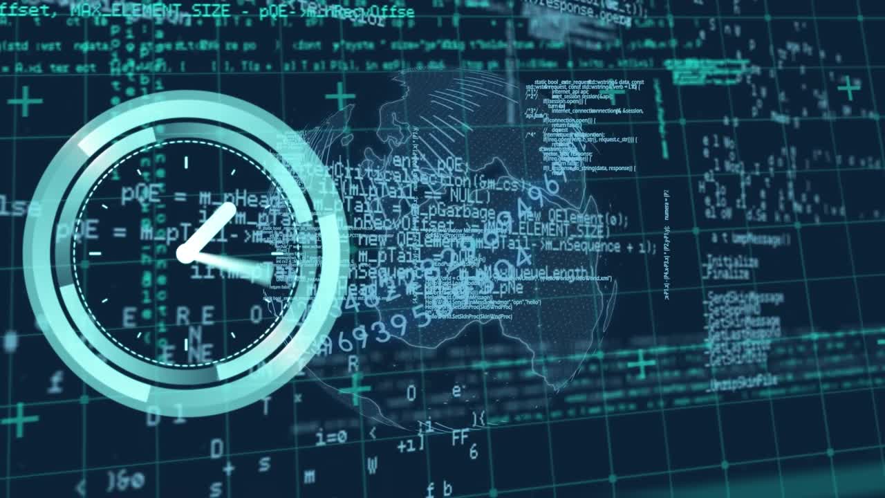 Animation of clock moving over data processing on black background