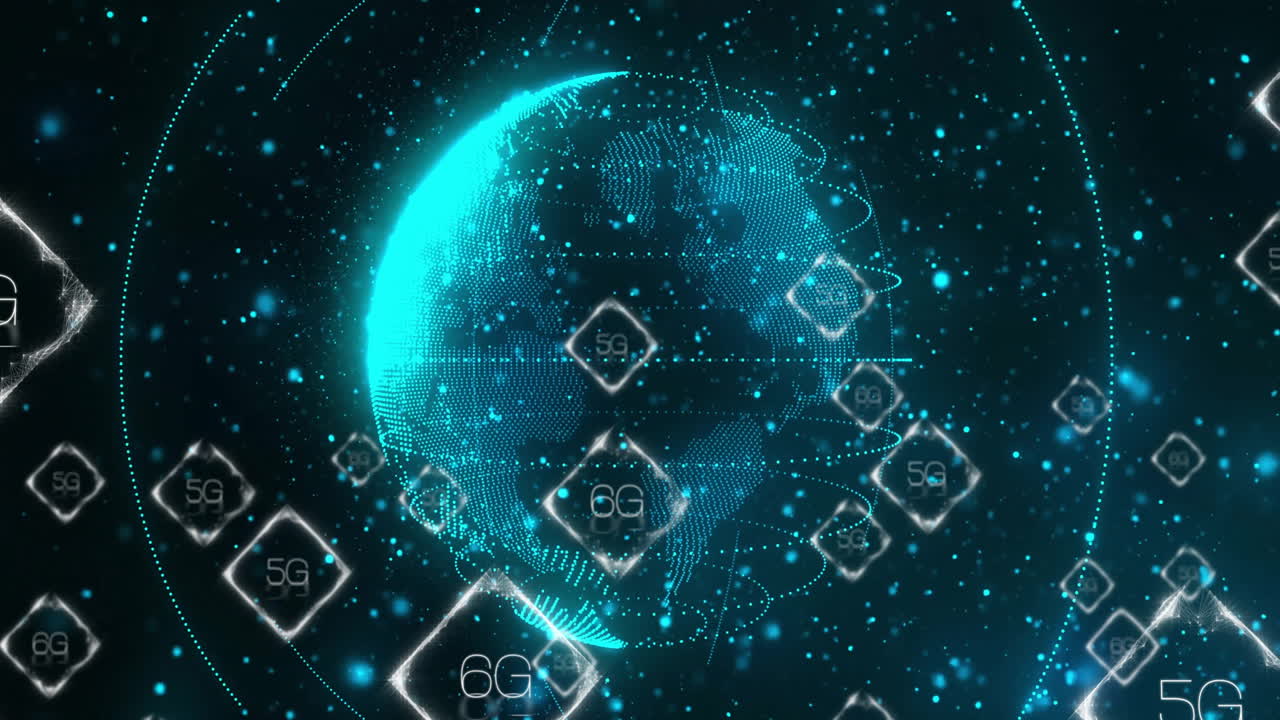 Animation of 6g texts and shapes over globe