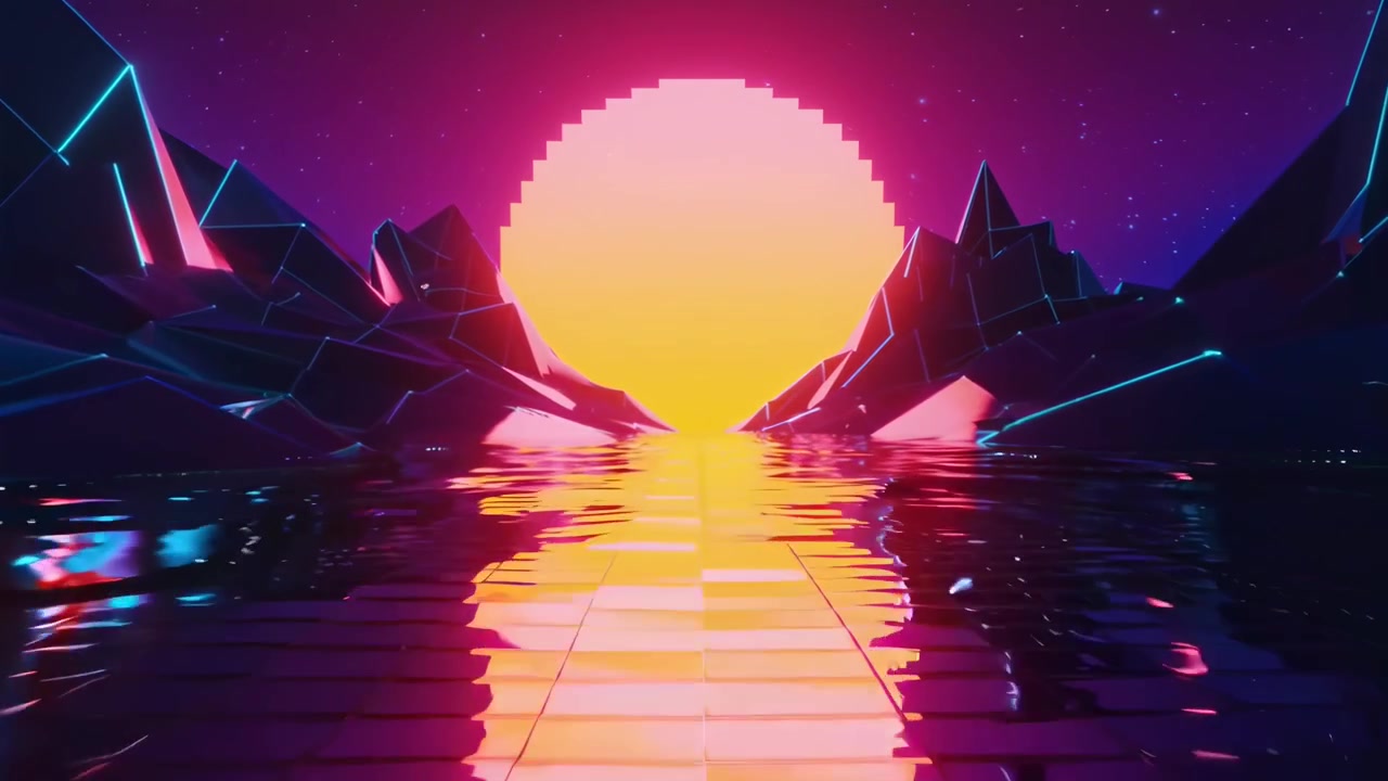 Paesaggio Retro Synthwave con Sole Pixelato e Acqua Riflettente