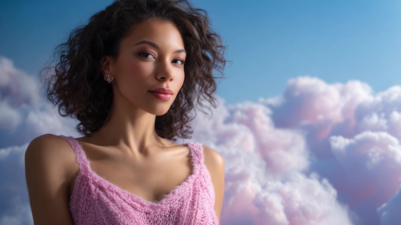 Uma jovem posa graciosamente contra um céu sereno com nuvens rosa suaves, irradiando confiança e elegância em um conjunto rosa estiloso para um retrato cativante