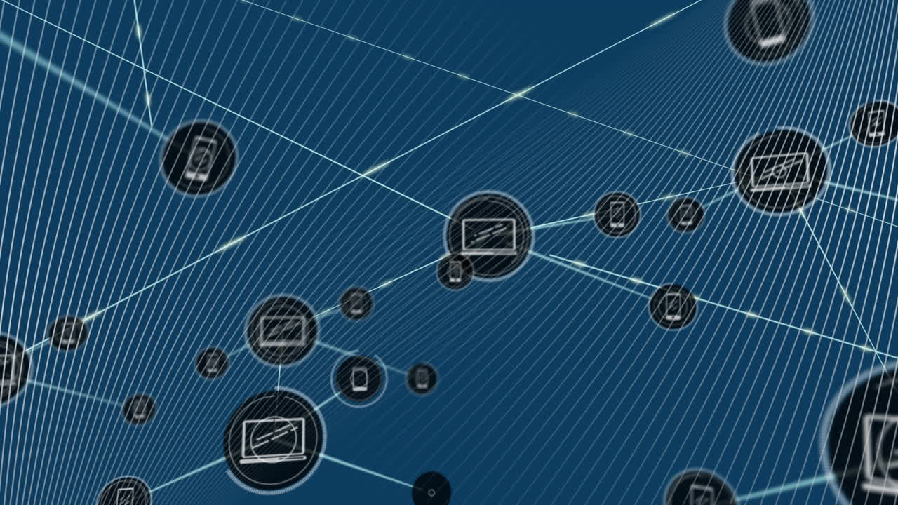 animación de una red de computadoras y teléfonos inteligentes sobre un fondo azul