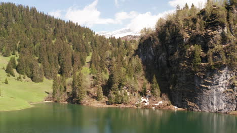 Aerial-of-lake-surrounded-by-mountains