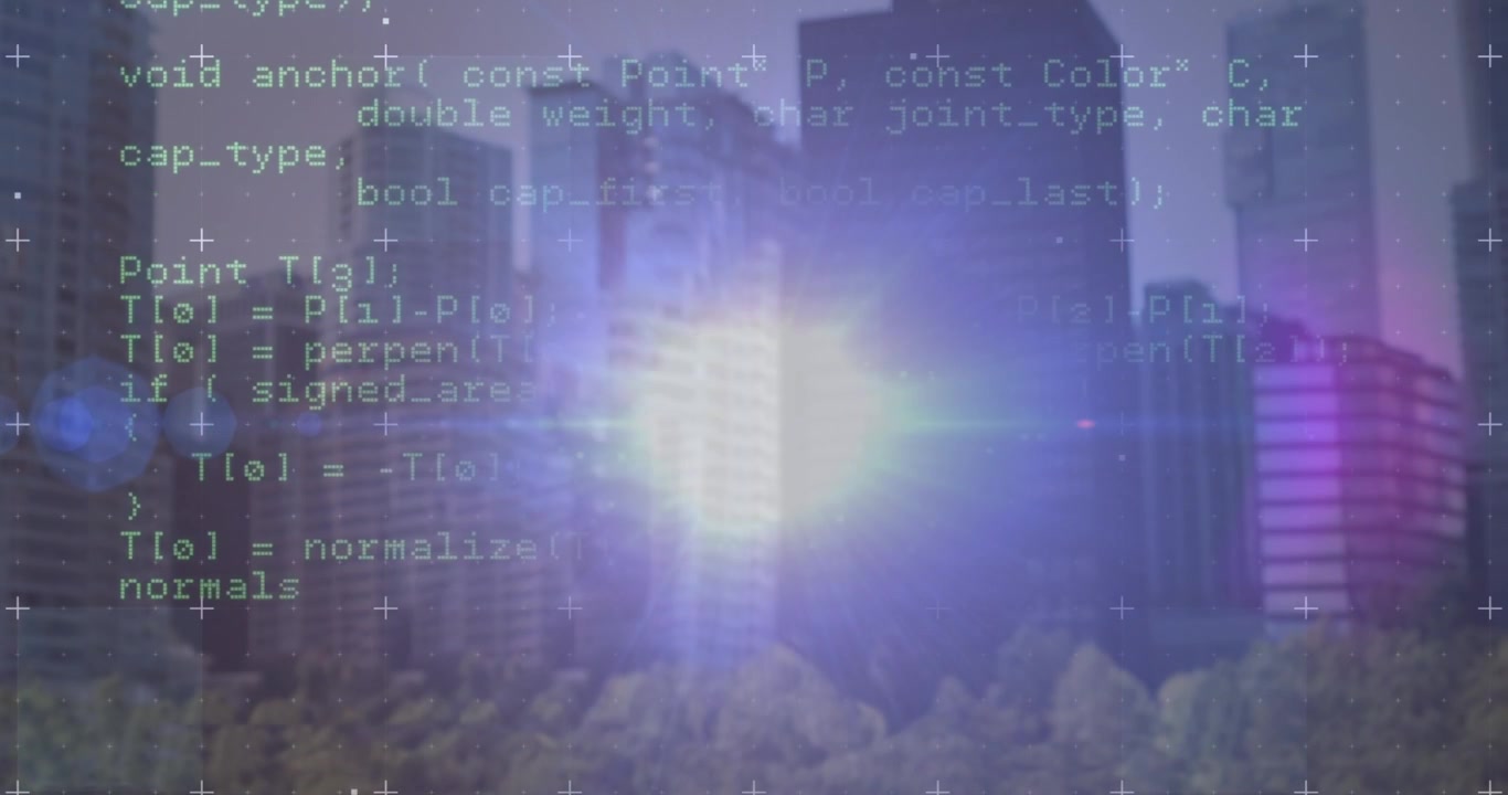 Animation of data processing over cityscape