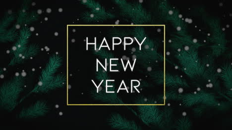 happy new year with flying snowflakes and christmas tree in night