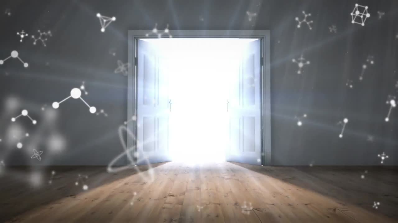 개방된 문 위로 움직이는 분자의 애니메이션.