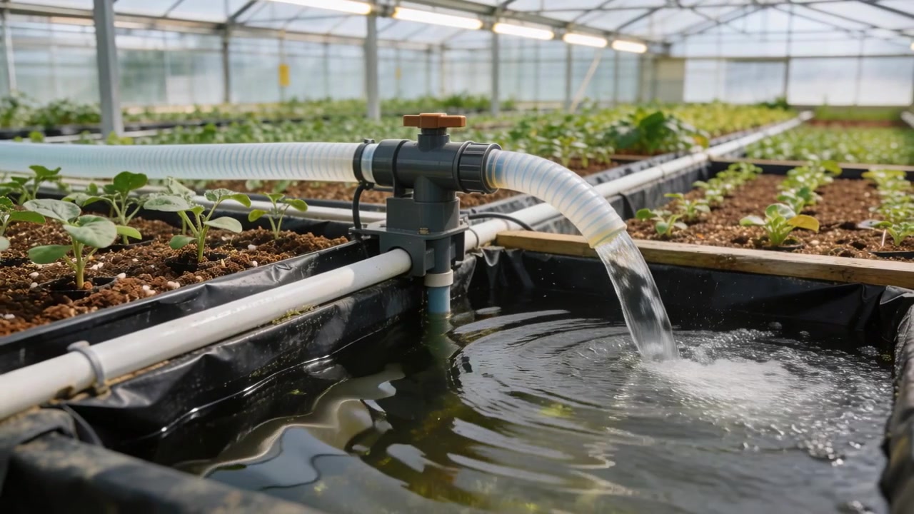 Timer activating valve knob and sending water into black tank in greenhouse, watering seedlings