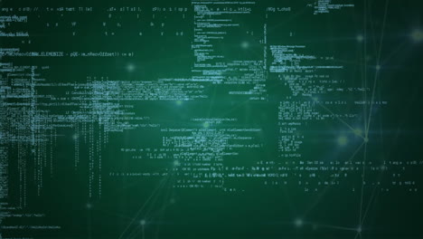 moviéndose a través de pantallas con datos blancos y diagramas en fondo verde