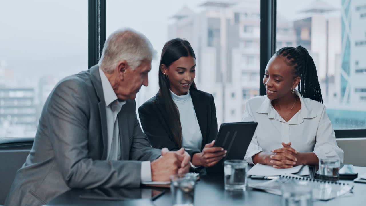 Business people, manager and tablet for training