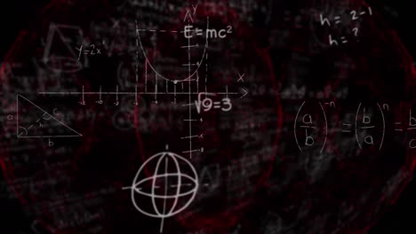 Animation-of-mathematical-equations-over-globe-on-black-background