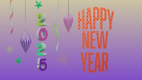 Animation-of-happy-new-year-text-over-2025-text-and-decorations-on-purple-background