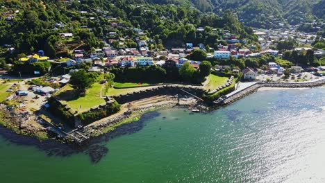 Aerial-view-of-ancient-castle-Castillo-de-San-Sebastían-de-la-Cruz-in-Corral-Fort,-Valdivian-Fort-System-in-southern-Chile