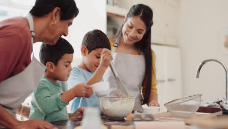 grandma, mixing or happy kids baking with mother