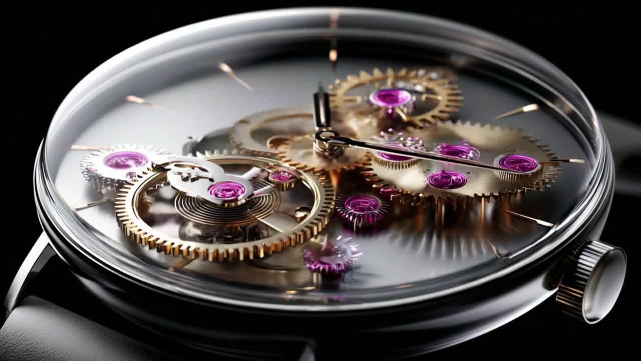 Intricate Close-Up of a Luxurious Watch Movement Featuring Exquisite Gears, Jewels, and Precision Engineering in a Glossy Finish, Perfect for Timepiece Enthusiasts and Collectors