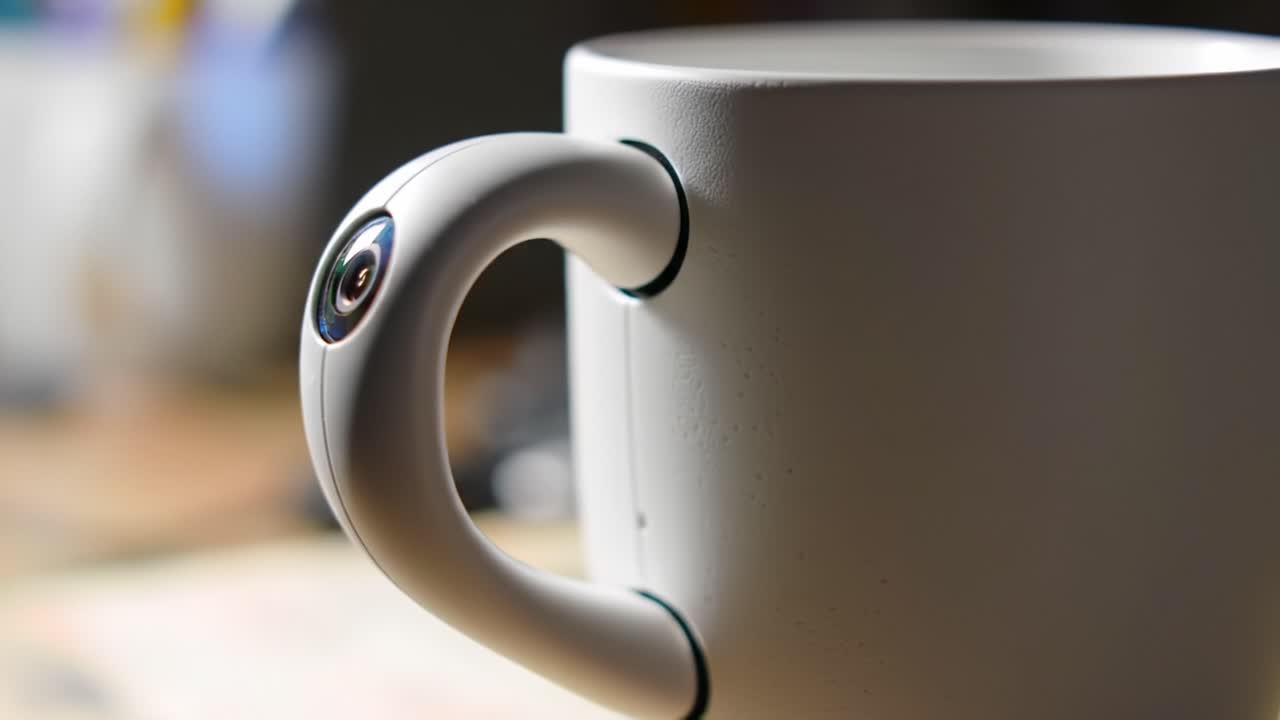 Innovative Design: A Close-Up of a Unique Mug Featuring a Built-in Camera, Blending Functionality and Aesthetics for Everyday Use and Personal Experiences