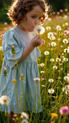 a young girl blowing a dandelion in a sunny field