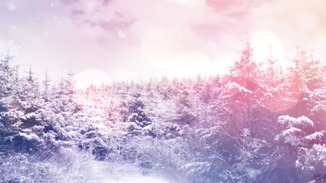 spots of light and snow falling over winter landscape with trees and mountains