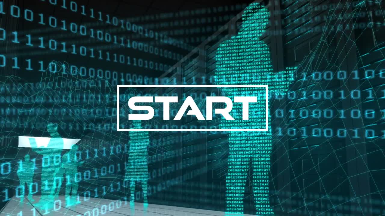 animación de inicio sobre código binario y siluetas de personas