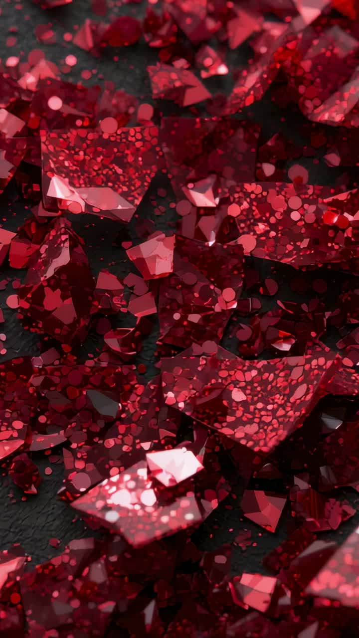 Vertical video: Shifting camera view showing red shards and tiny glitter on dark mat, gleams moving