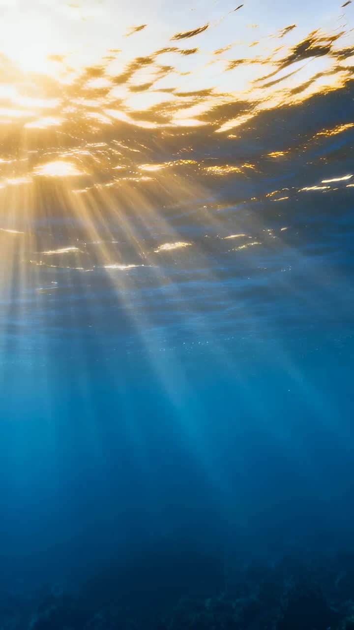 Vertical video: Shining beams from sun above through sea, seen by subsea camera revealing particles