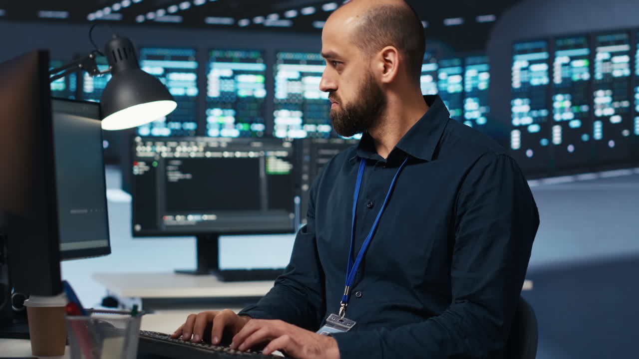 Computer scientist overseeing server hub, typing code on PC