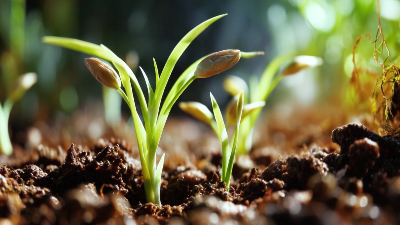 豊かな土壌から芽生えた若い植物の魅惑的な成長。繊細な新芽が豊かな緑の環境で光に向かって伸びる