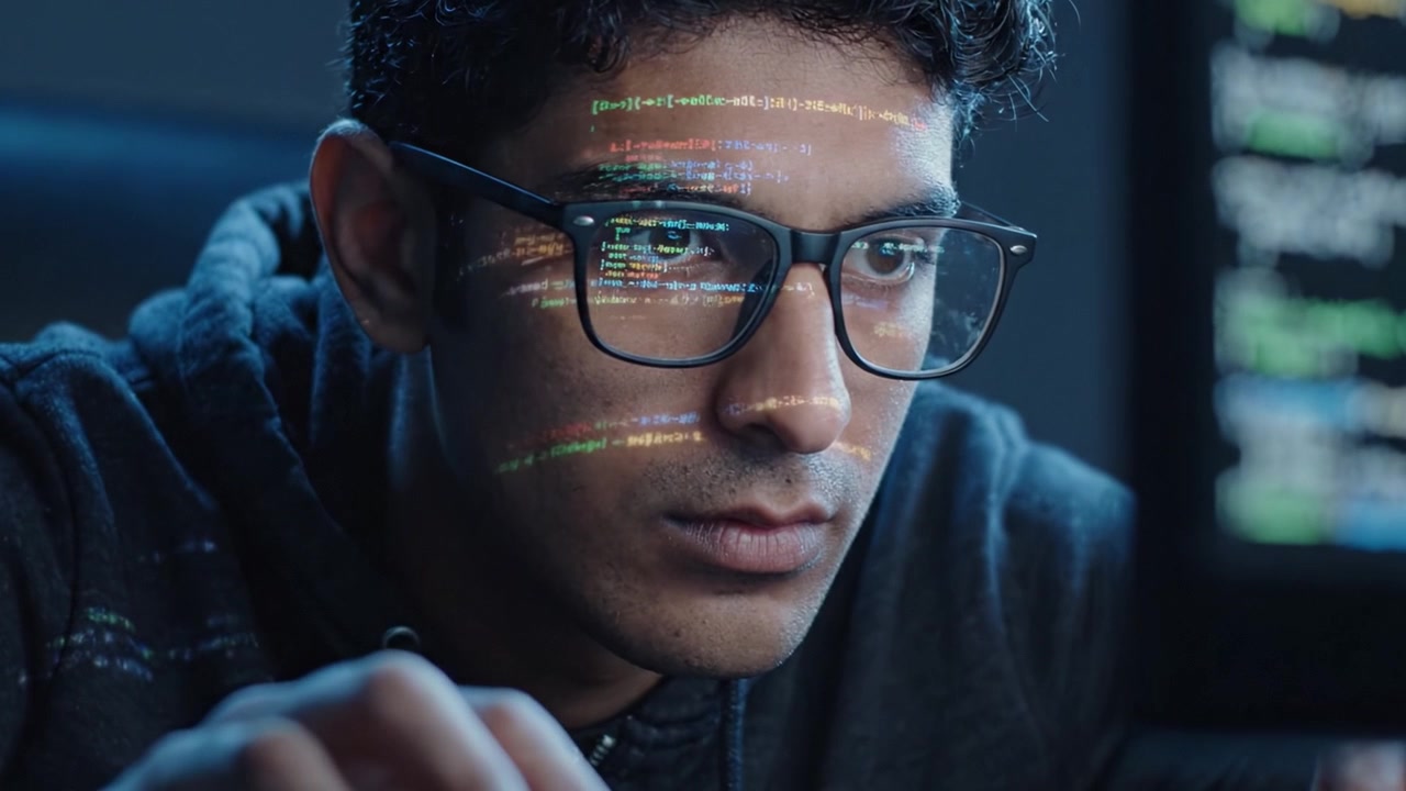 Focused Programmer Engaged in Coding Session with Reflected Code on Glasses, Captured in High-Definition Illuminated Environment