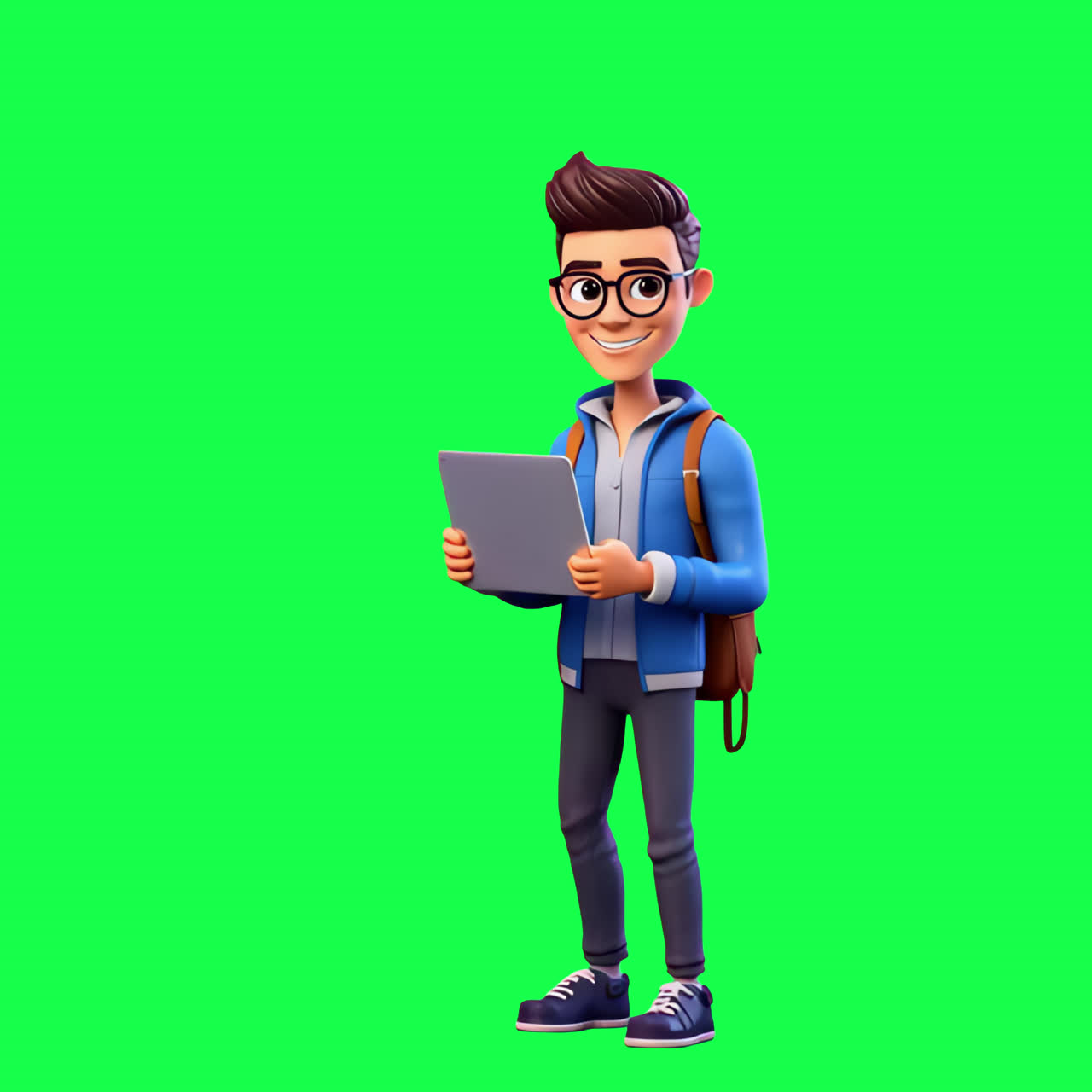 Animated character with tablet animation isolated asset, transparent 4K video, alpha channel, ProRes