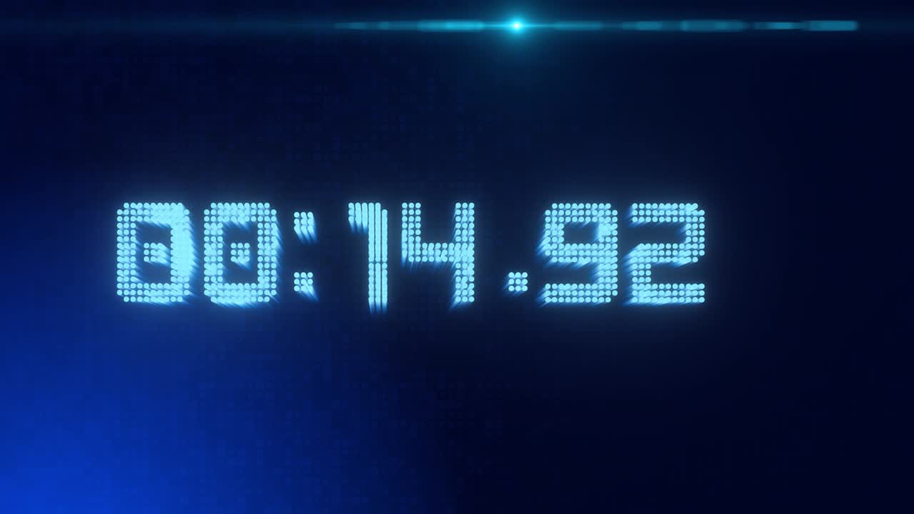 Digital futuristic timer clock countdown on black background.