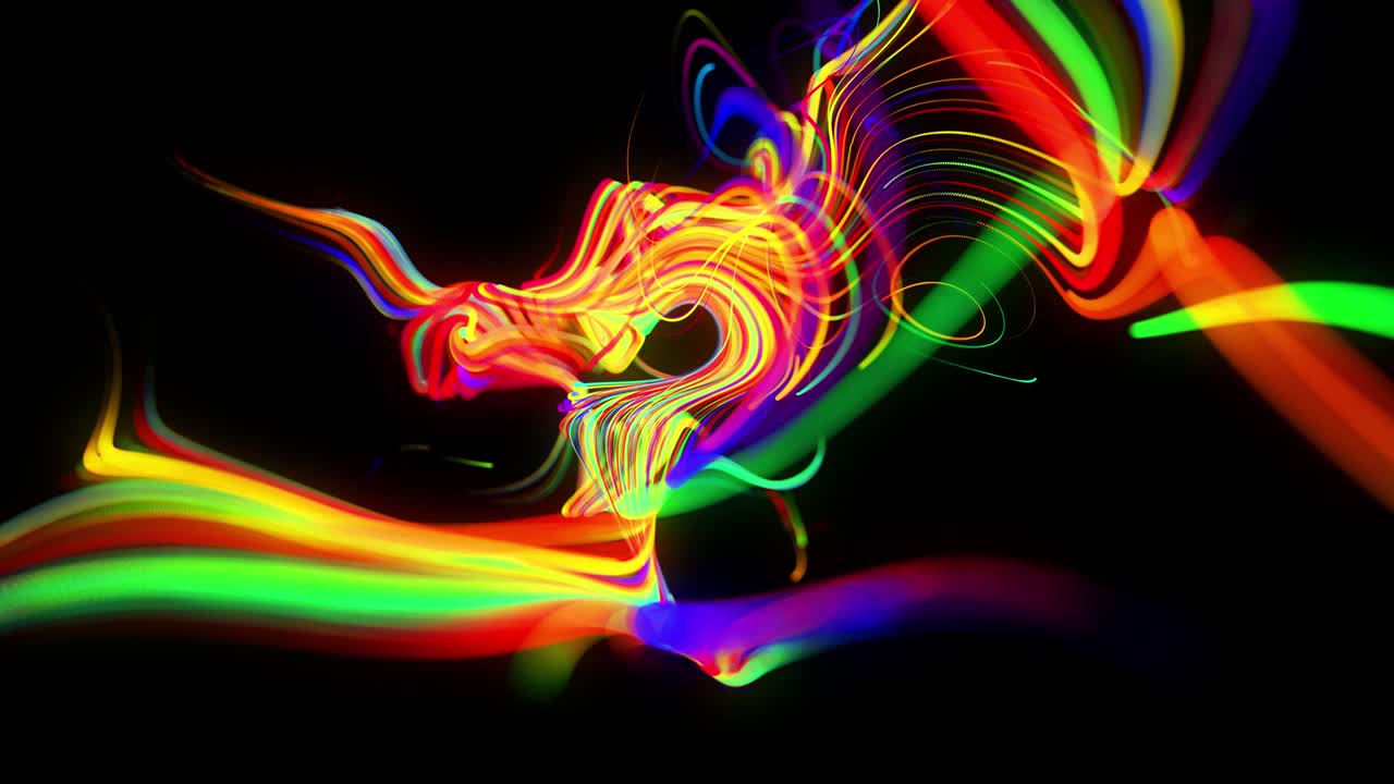 el flujo de fondo abstracto de las líneas de brillo. las partículas de luces en funcionamiento se forman en el espacio 3d brillando hermosas líneas curvas como una bola de cables quemándose con luz de neón. hermoso fondo creativo en bucle en 4k.