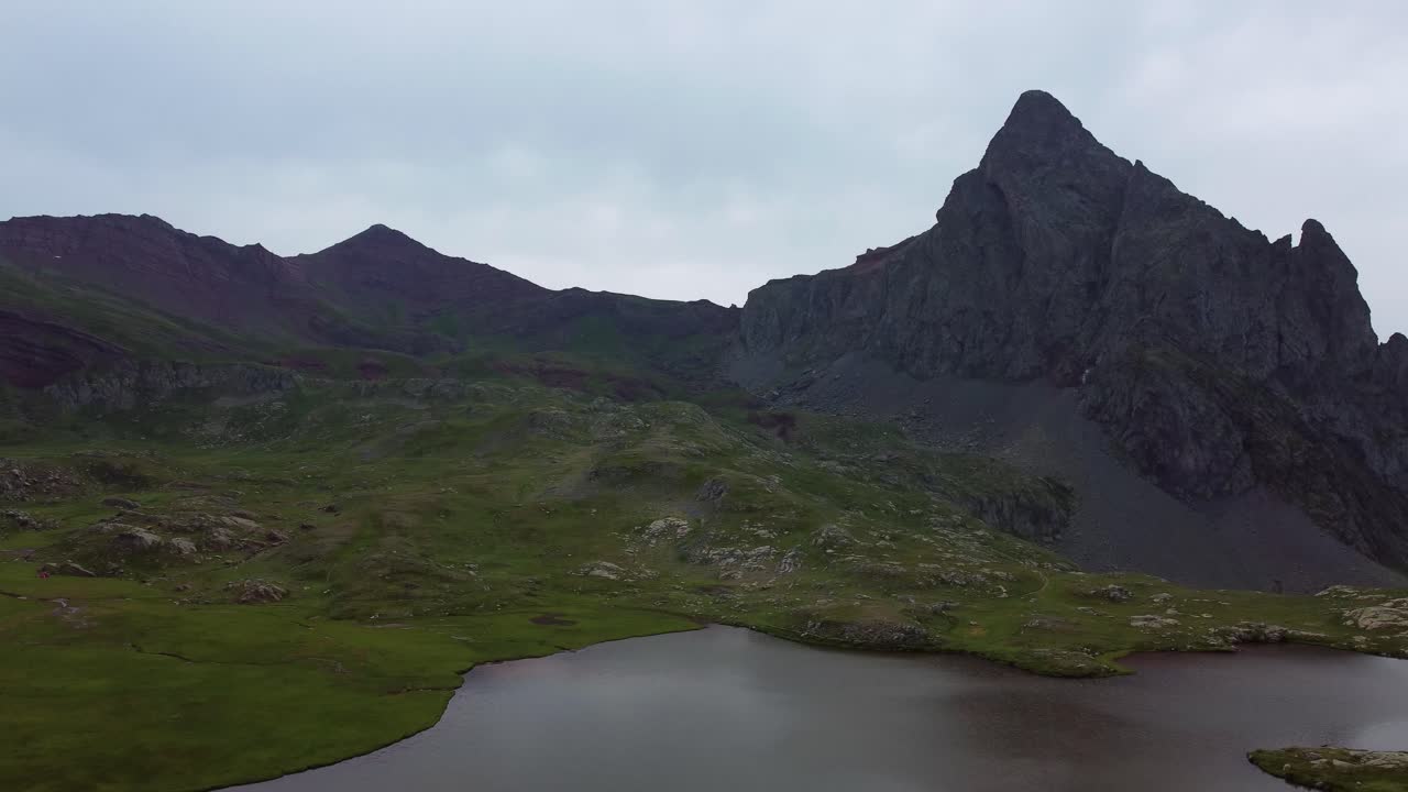 Mountain lake from a drone view in summer during afternoon