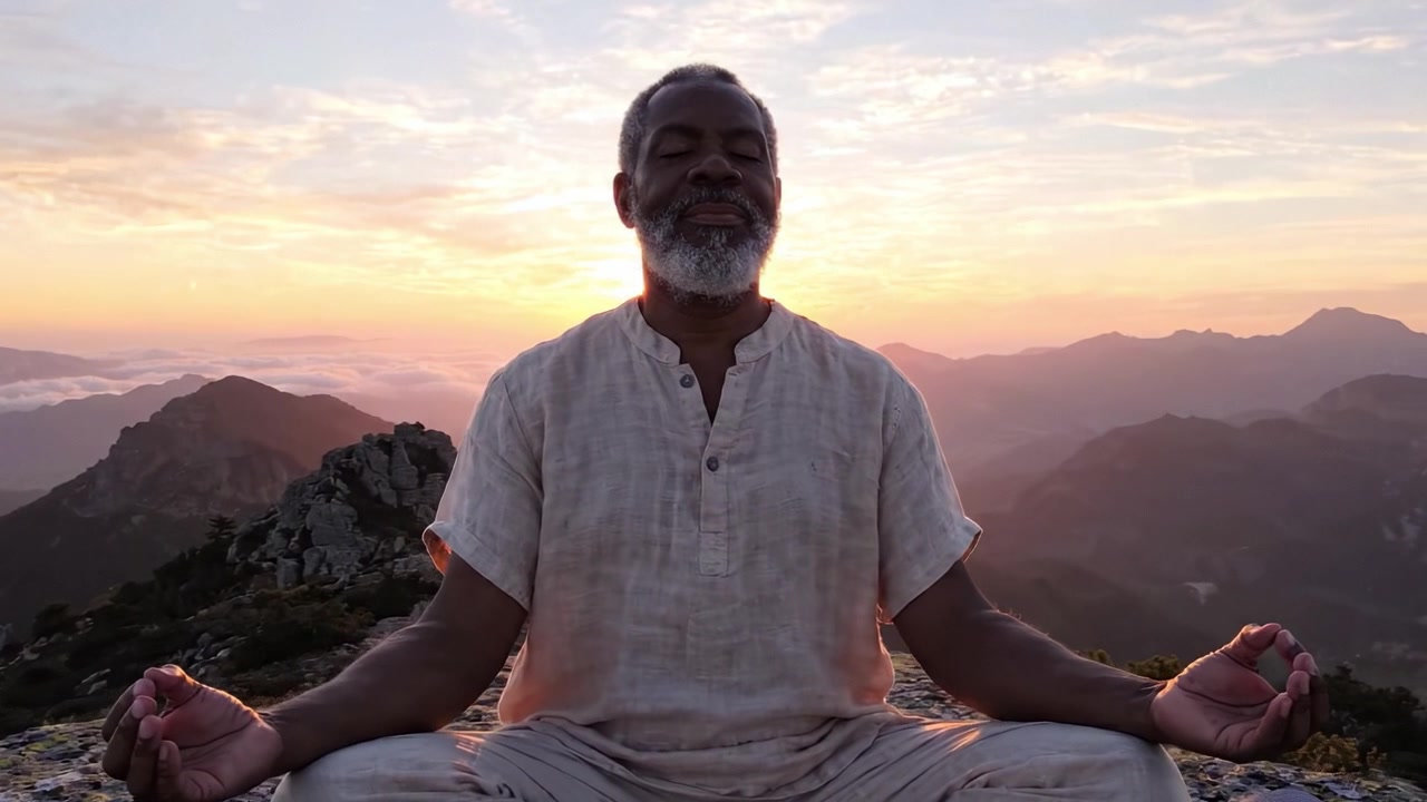Una serena meditazione mattutina all'alba: abbracciando la tranquillità e la pace interiore mentre si è circondati da maestose viste sulle montagne e dal calore del sole nascente.