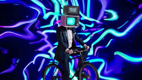 man with a tv head on a bicycle