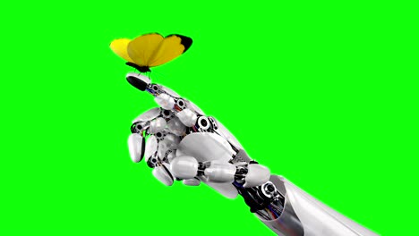 la mariposa amarilla aterriza en la mano del robot
