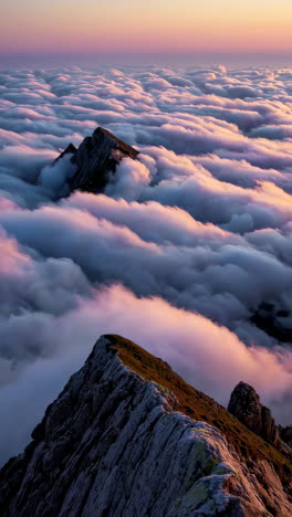 majestic mountain peaks emerging above a sea of clouds at sunset