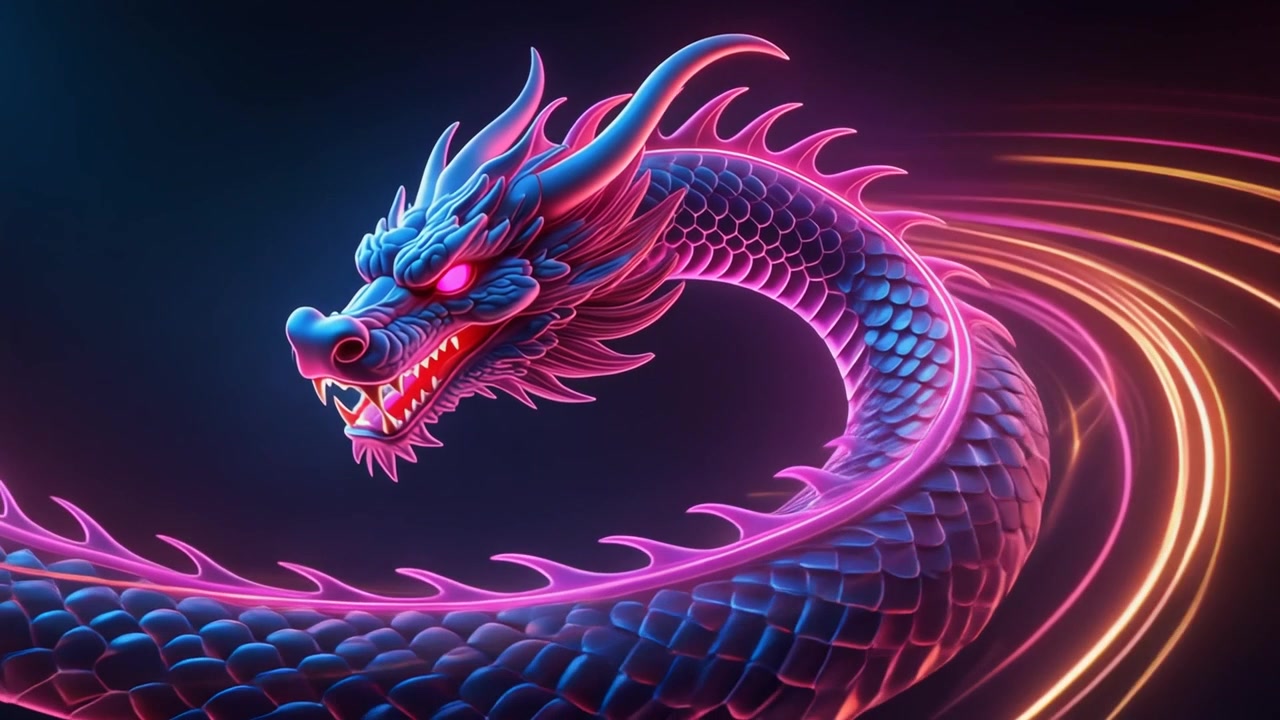 Dragon lumineux néon avec des traînées de lumière dynamiques