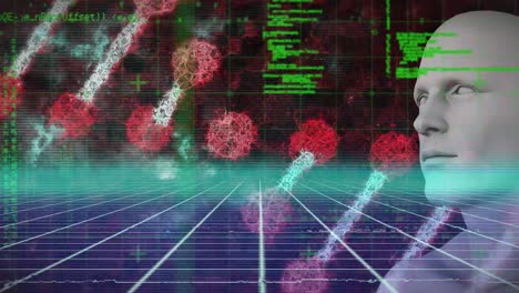 Animation-Des-DNA-Strangs,-Der-Den-Menschlichen-Körper-Spinnt,-Und-Medizinische-Datenverarbeitung