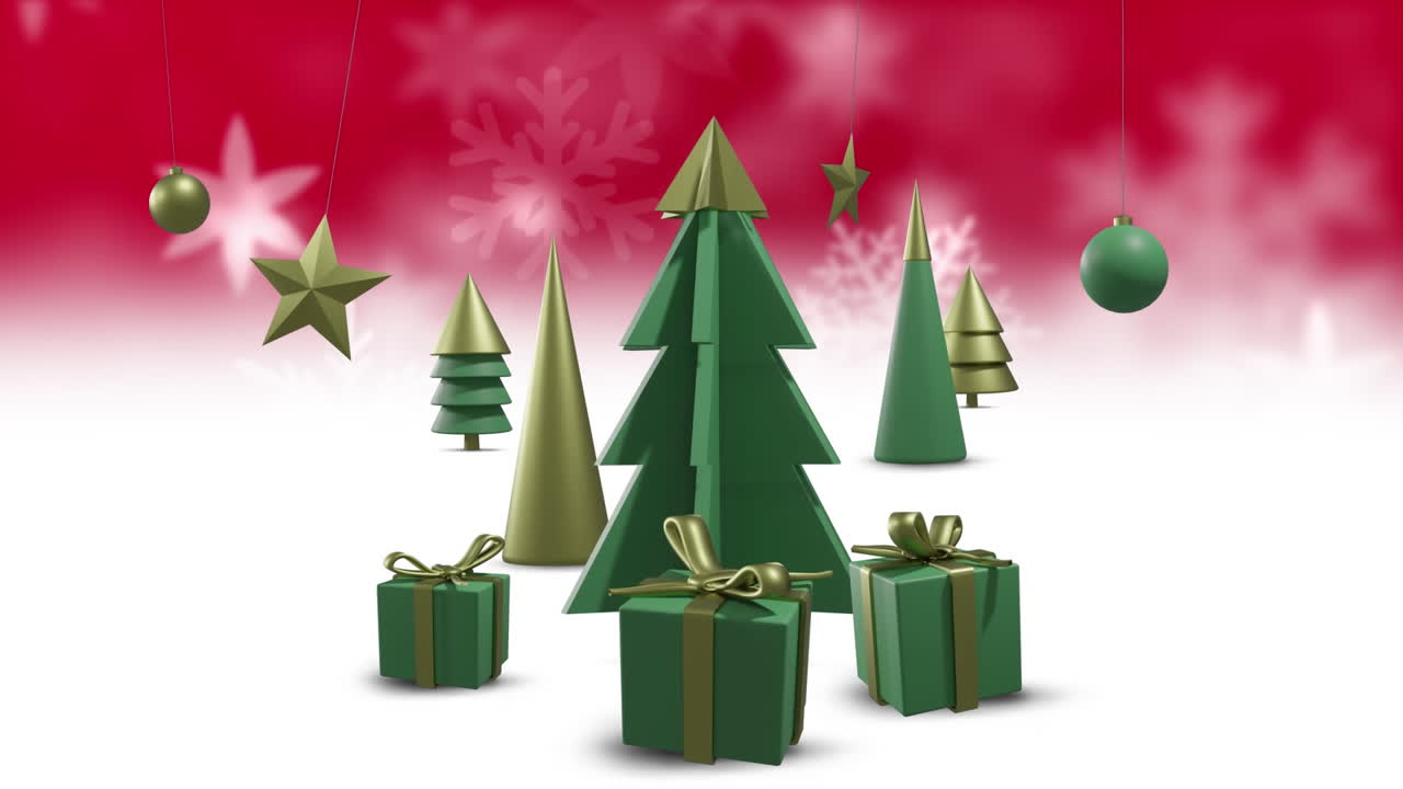 animación de nieve cayendo sobre decoraciones de navidad sobre fondo rojo