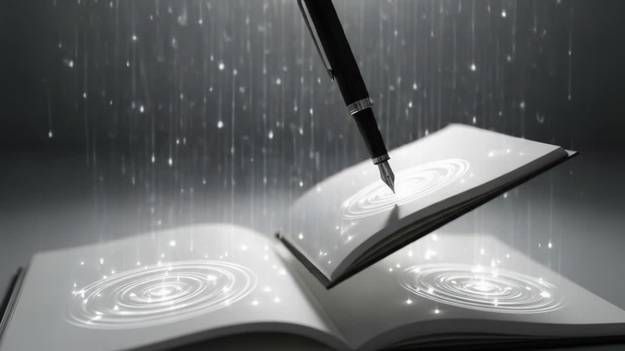 A Pen Illuminates a Magical Book: Unveiling the Mystical Patterns Within the Pages Through Enchanting Light and Sparkle in a Dreamy Atmosphere
