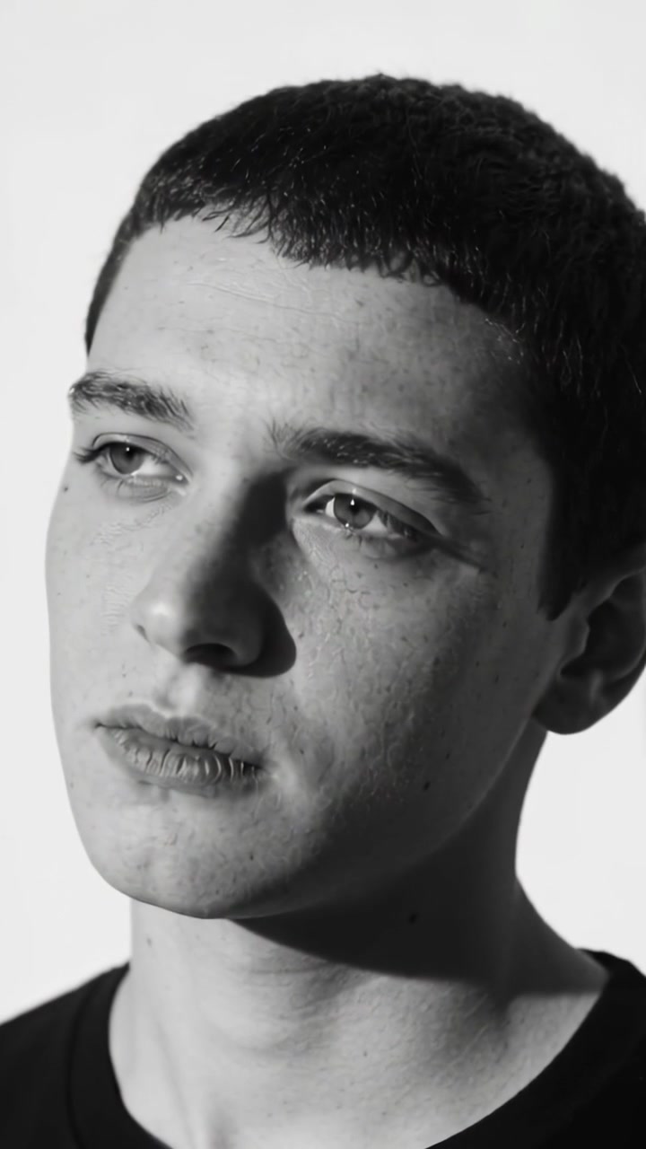 Vertical video: Shot starting man tilting head rolling gaze in studio black shirt casting shadow