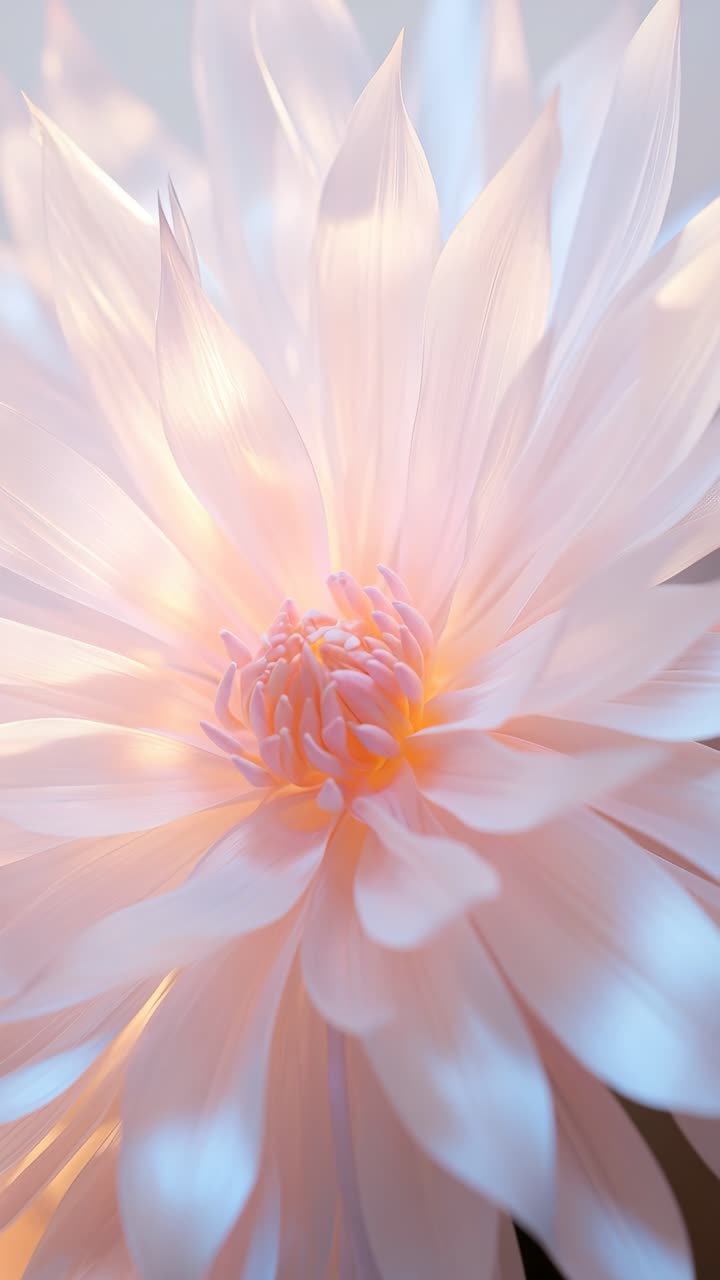 Concetto video ravvicinato di un fiore delicato color pastello con illuminazione soffusa, che cattura dettagli intricati