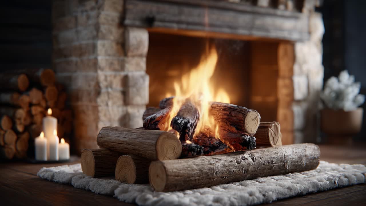 Cozy Fireplace with Crackling Firewood Surrounded by Warm Ambiance and Natural Decor – A Perfect Setting for Relaxation and Comfort