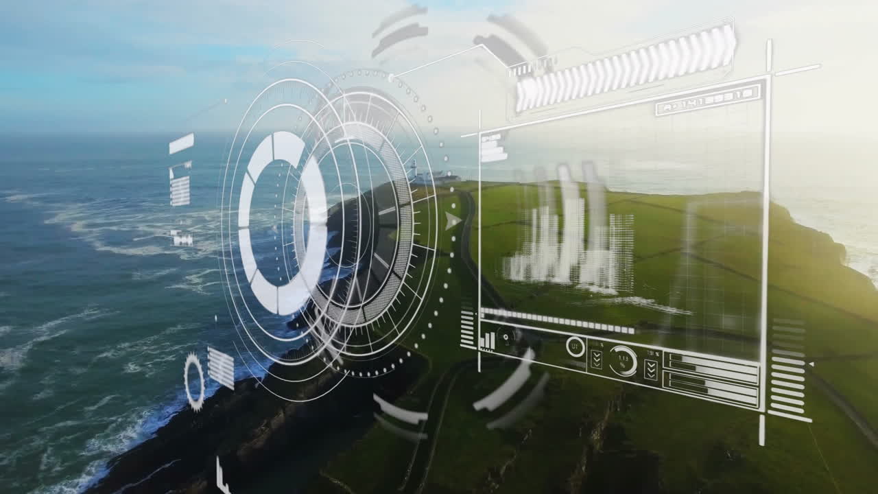 Futuristic HUD overlay being displayed over coastal cliff panorama, showing radar and data panels