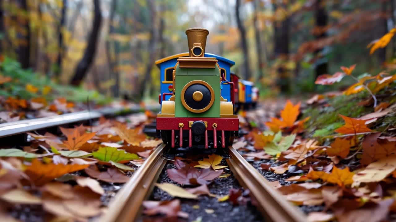 A train is on a track with leaves on the ground. The train is small and colorful. The leaves on the ground are brown and scattered