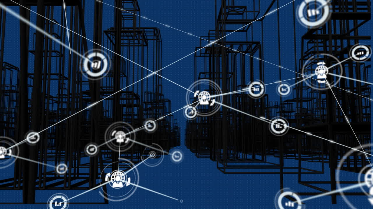 анимация сети соединений по городскому ландшафту