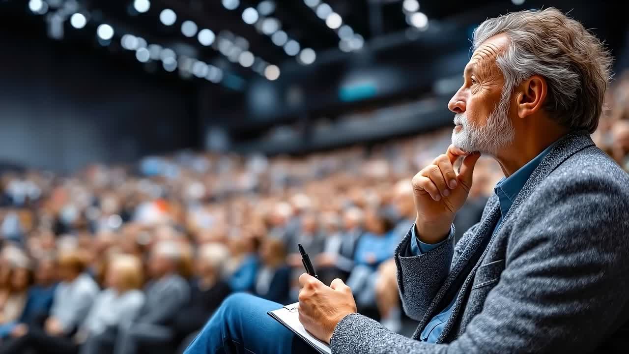 Un uomo seduto di fronte a una grande folla di persone